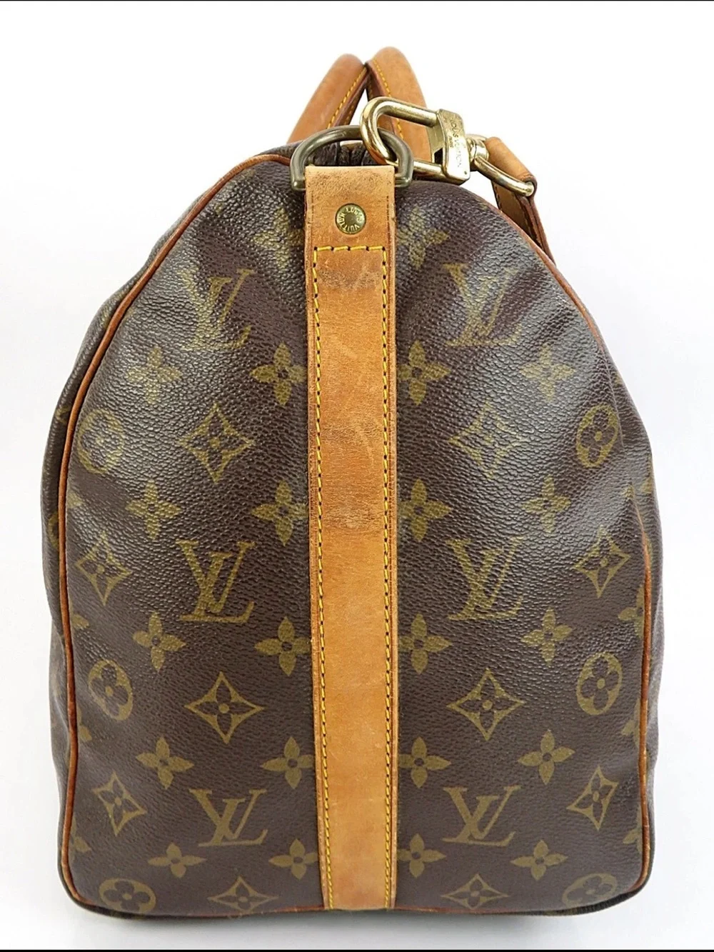 Louis Vuitton Brown Monogram Travel Duffel with Tan Leather Strap